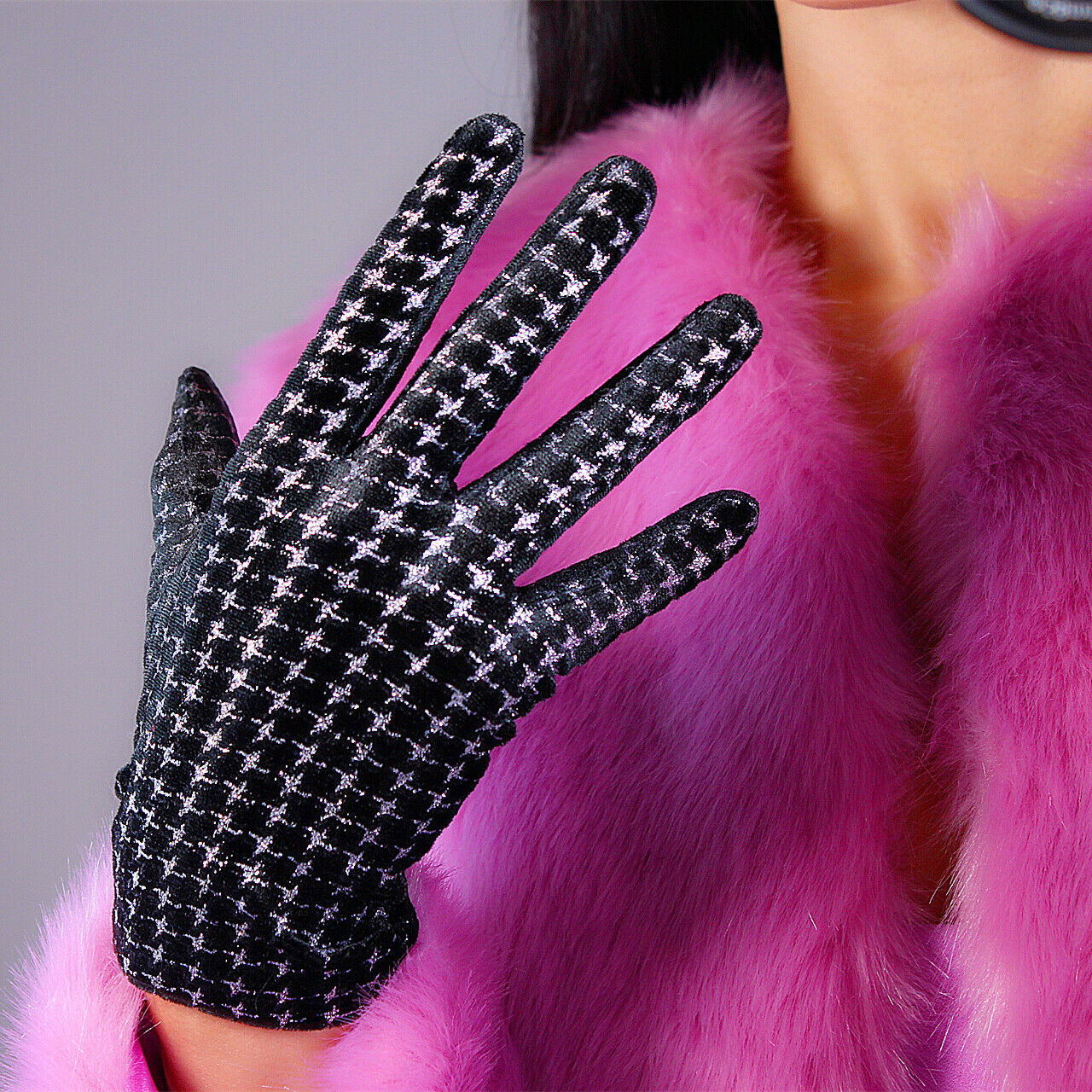 VELVET GLOVES 21cm 8" Short Stretch Black Silver Chips Sparkle Houndstooth TECH