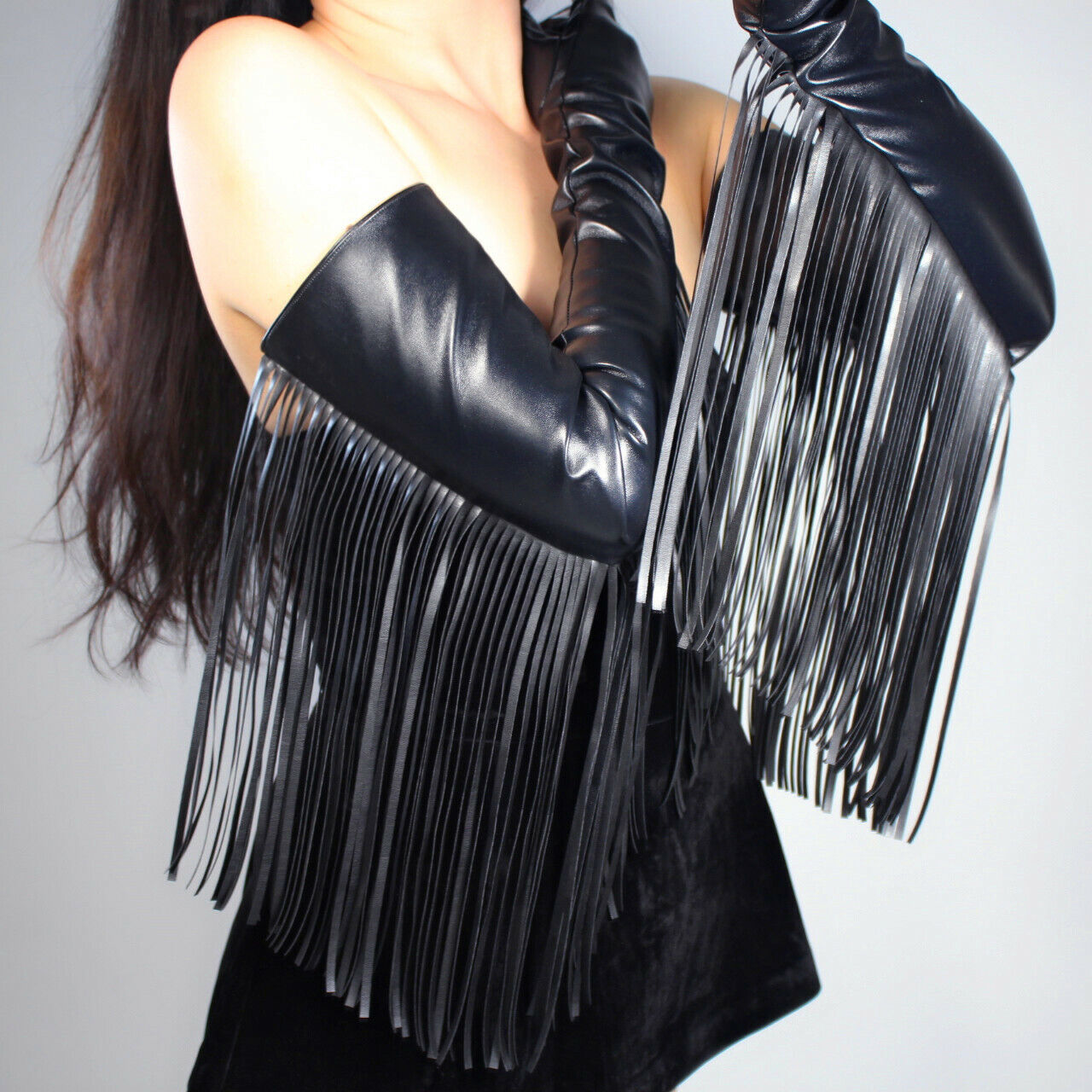 TECH LONG GLOVES Faux Leather PU 28" 70cm Black Extra Long Fringe Tassel Arms