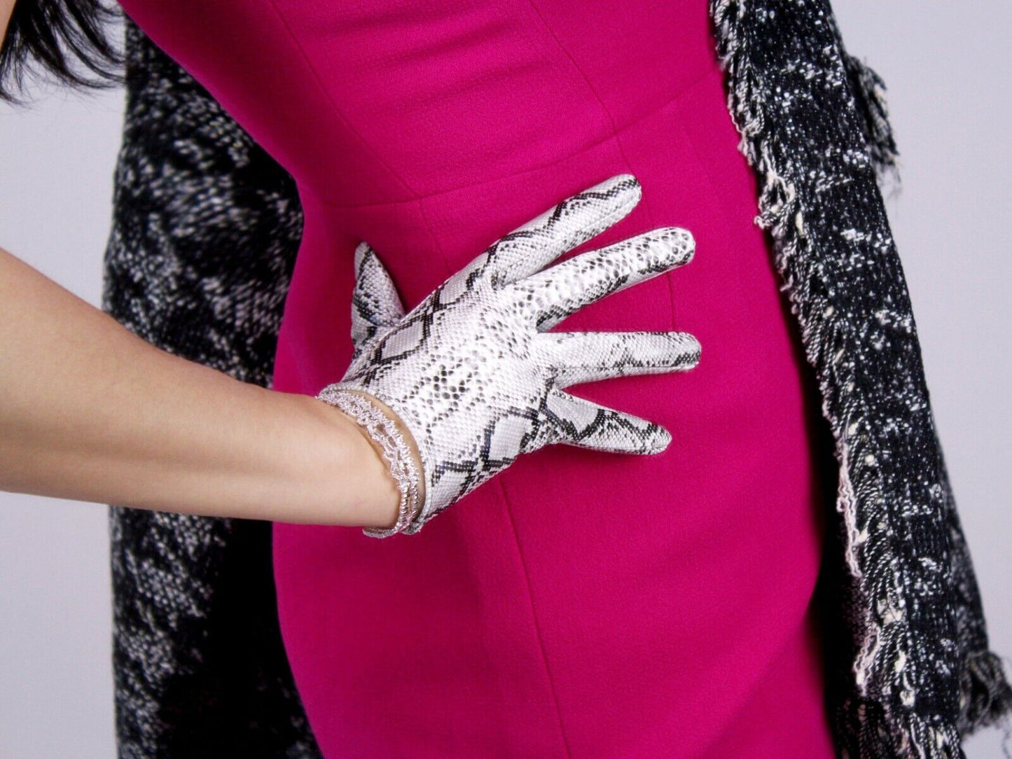 LATEX GLOVES Extra Short Shine Leather 6" 16cm Animal Print Snake Silver Python