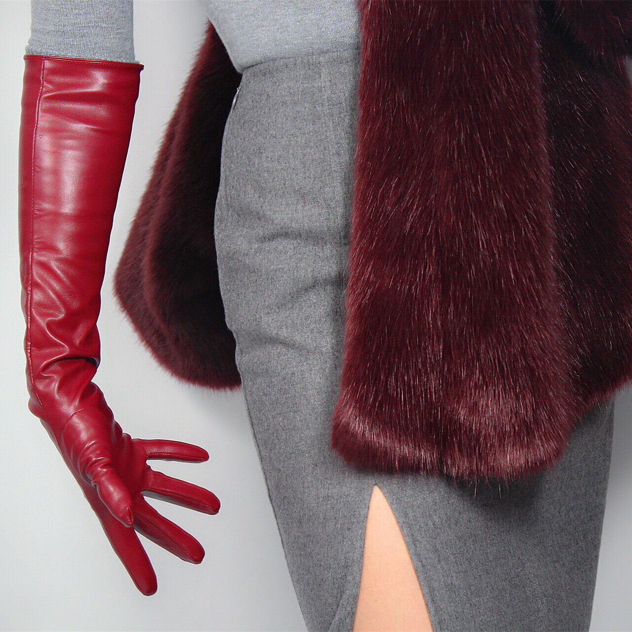 LONG GLOVES Faux Leather Lambskin Sheepskin 20" 50cm Dark Red Burgendy Oxblood