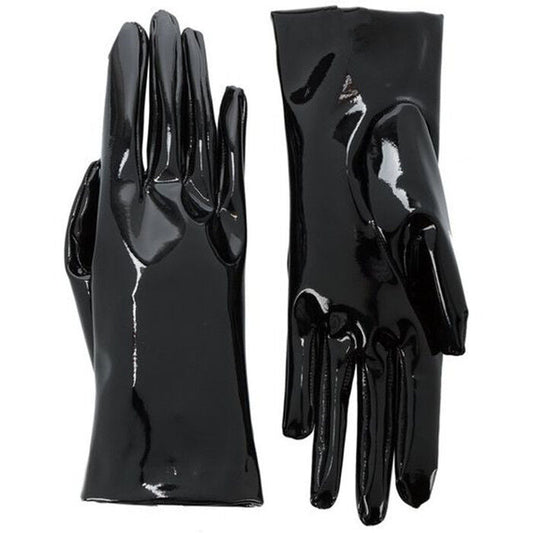 LATEX GLOVES Shine Leather Faux Patent Vegan PU 8" 21cm Short Basic Shine Black