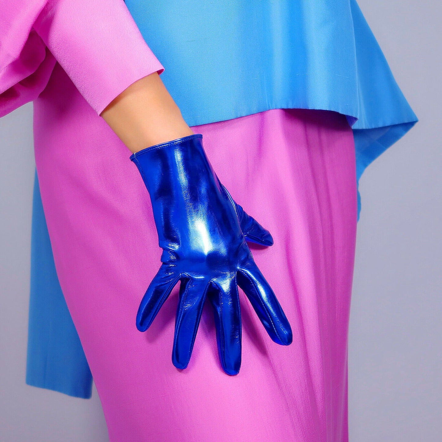 LATEX SHORT GLOVES Faux Shine Patent Leather 8" 21cm Royal Cobalt Classic Blue