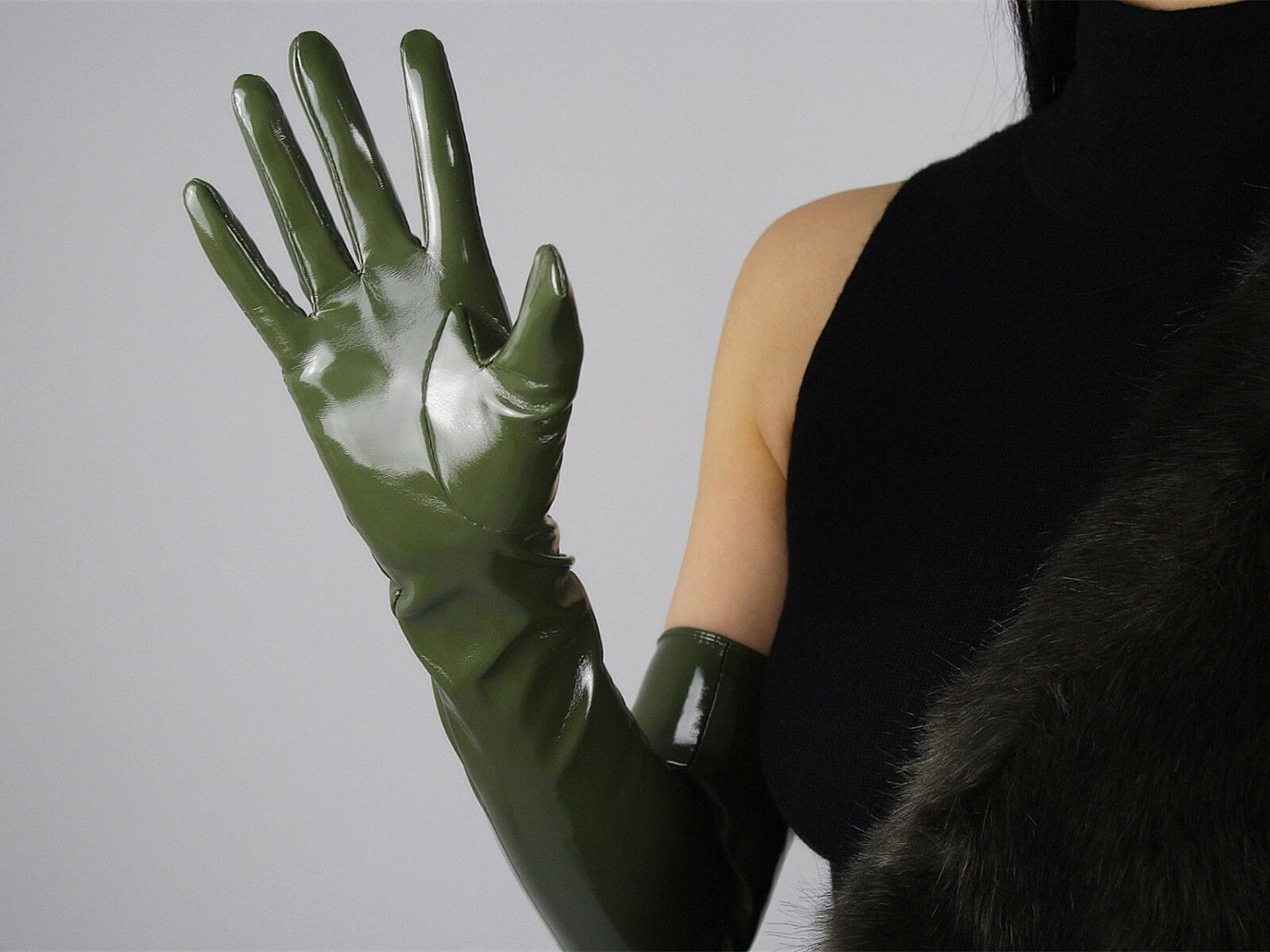 LATEX LONG GLOVES Shine Leather Faux Patent PU 24" 60cm Fashion Olive Army Green