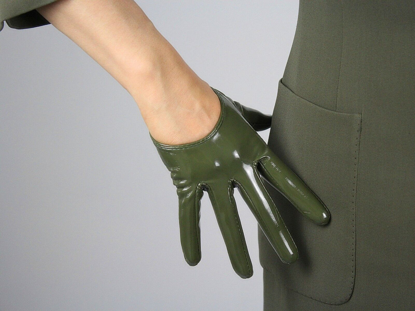 LATEX GLOVES Shine Leather Faux Patent PU 5" 13cm Extra Short Olive Army Green