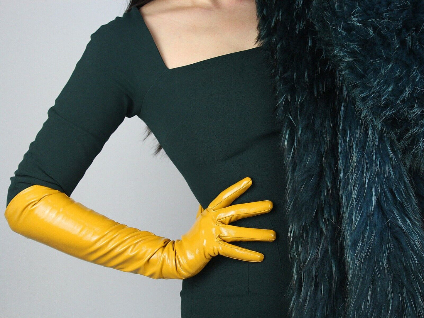 LATEX LONG GLOVES Shine Leather Faux Patent PU 20" 50cm Opera Ginger Yellow