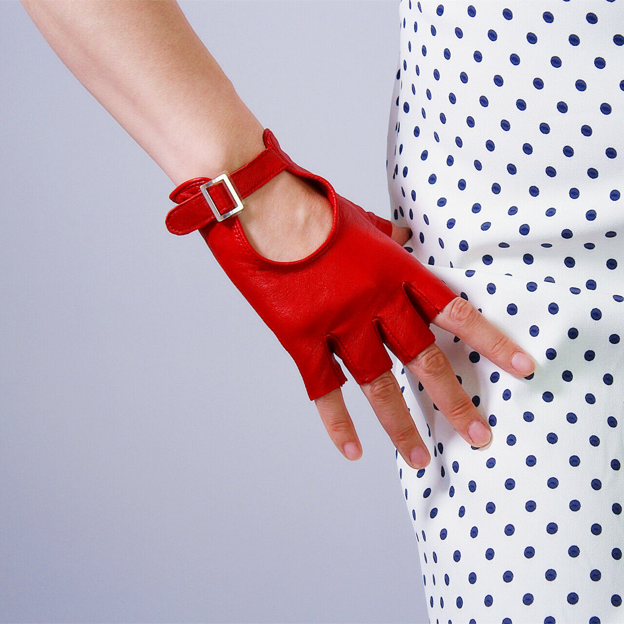 REAL LEATHER GLOVES Red Half Finger