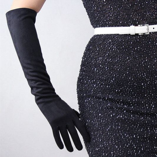 Suede Long Gloves Faux Leather 20" 50cm Opera Evening Black Double-faced Suede