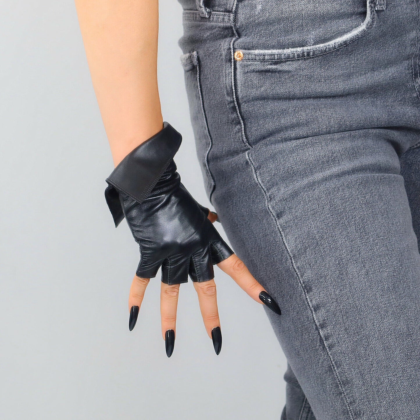 REAL LEATHER GLOVES Black Half Finger