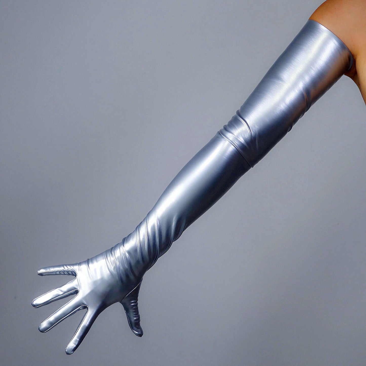 LATEX GLOVES Extra Thin Faux Leather Rubber 28" 70cm Shine Silver LONG FITTED