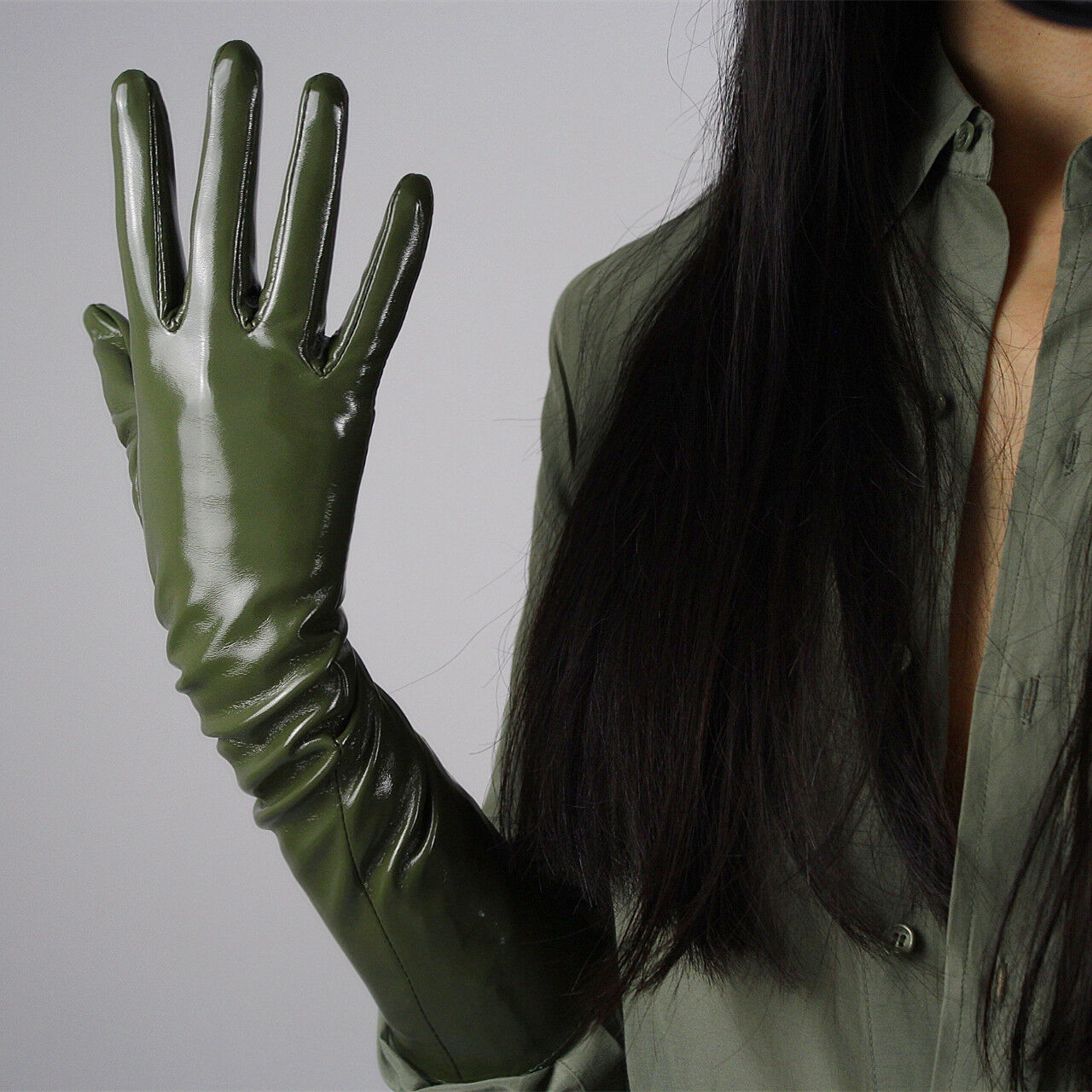 LATEX LONG GLOVES Shine Leather Faux Patent PU 16" 40cm Opera Olive Army Green