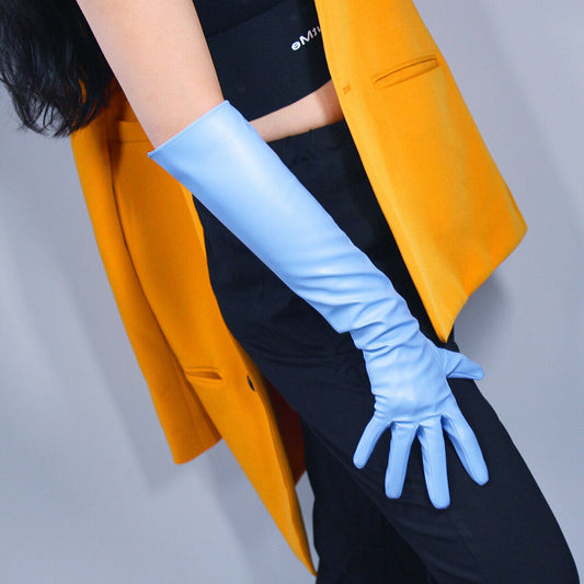 EXTRA LONG FASHION GLOVES Faux Leather Sheepskin PU 20" 50cm Baby POWDER BLUE