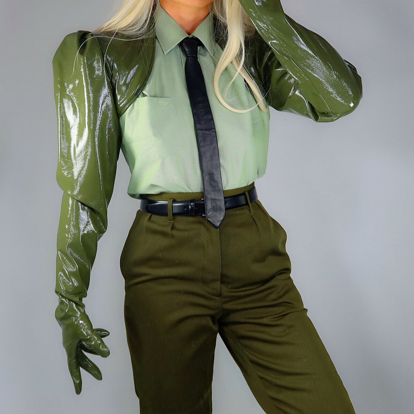 LATEX BOLERO GLOVES Shine Leather Top Cropped Shrug Military Army Olive Green