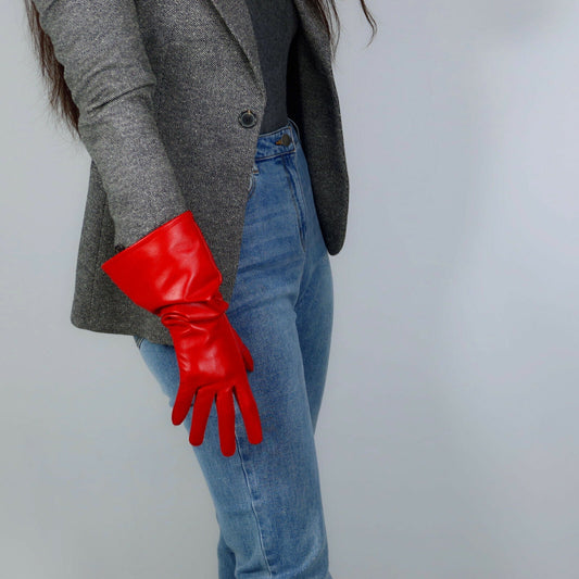 REAL LEATHER TECH LONG GLOVES Unisex Red 38cm Wide Balloon Puff Sleeves Large