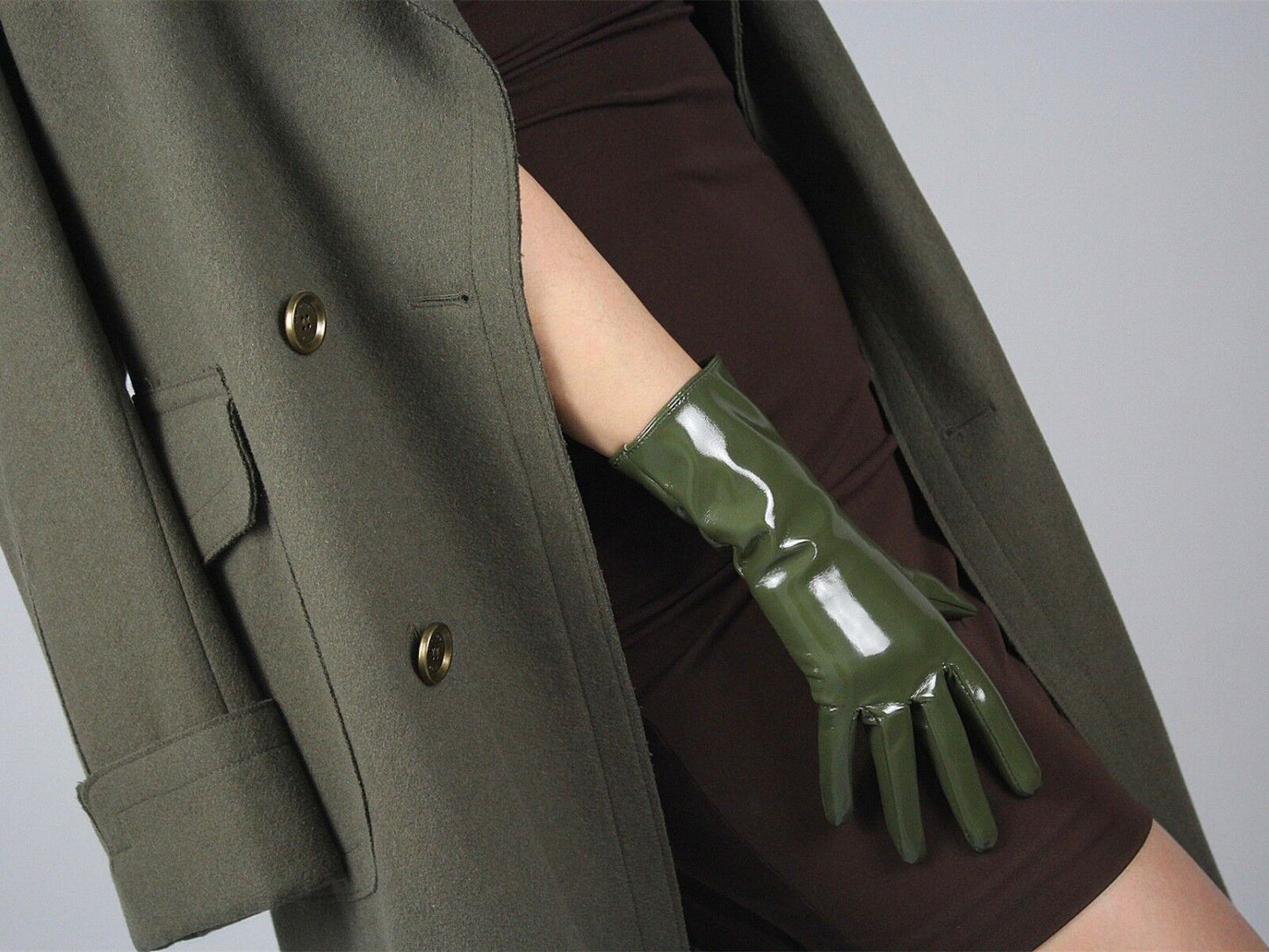 LATEX GLOVES Shine Leather Faux Patent PU 11" 28cm Short Wrist Olive Army Green