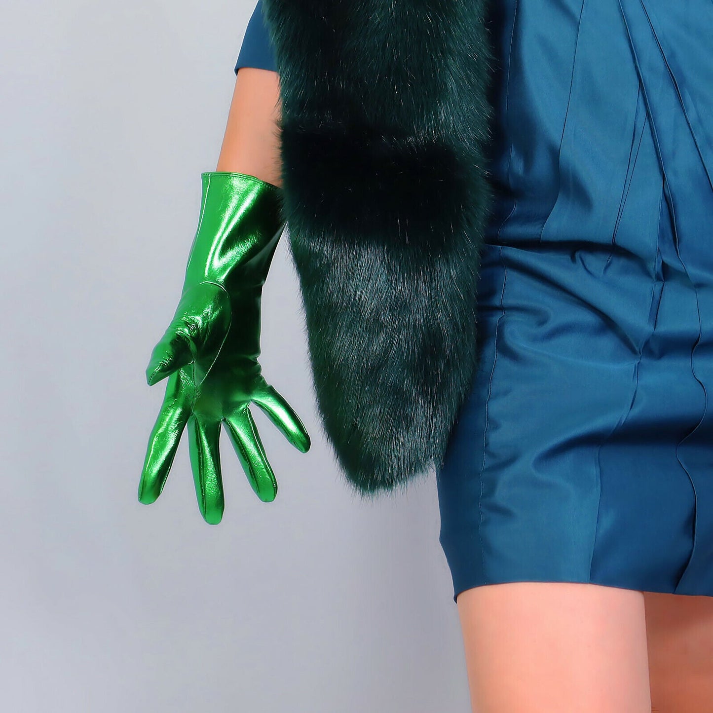 LATEX SHORT GLOVES Faux Shine Patent Leather 11" 28m Electric Green Wrist Long