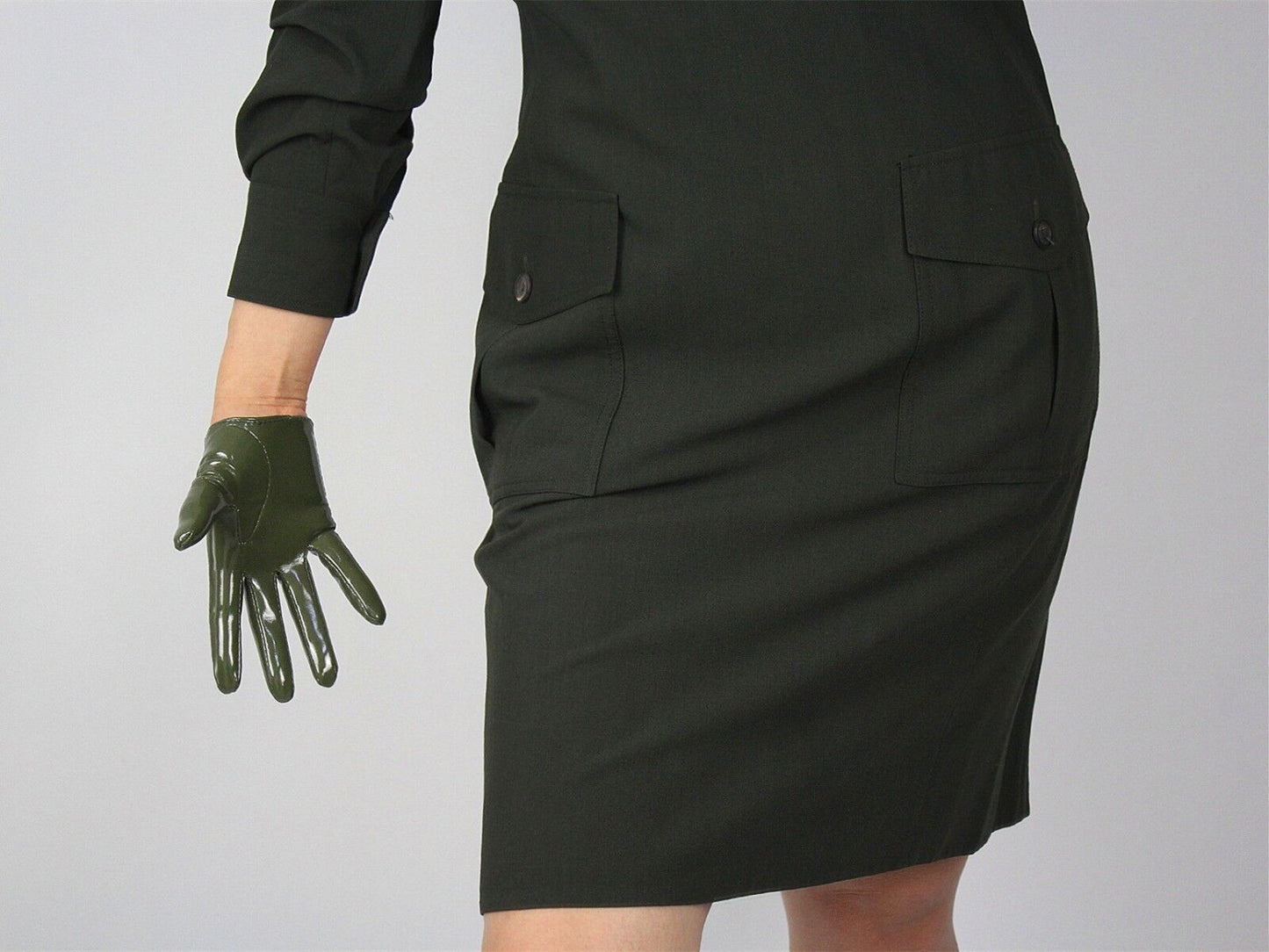 LATEX GLOVES Shine Leather Faux Patent PU 6" 16cm Extra Short Olive Army Green