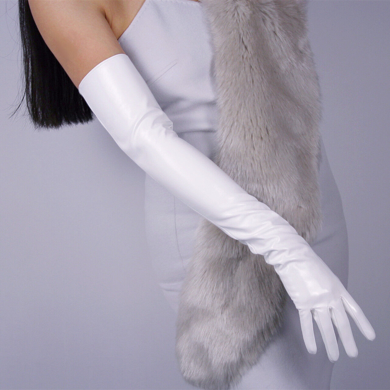 LATEX LONG GLOVES Shine Leather Faux Patent PU 24" 60cm Stretch Bright White