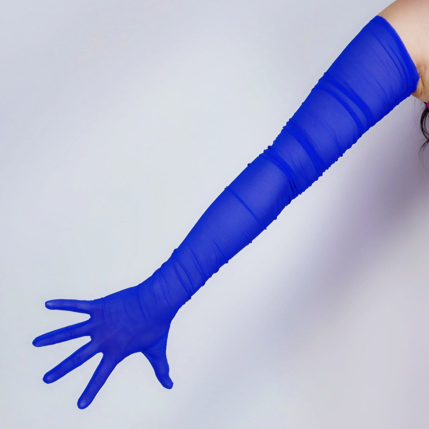 RUCHED MESH LONG GLOVES Gathered Pleated Stretch Tulle Lace Sheer Klein Blue