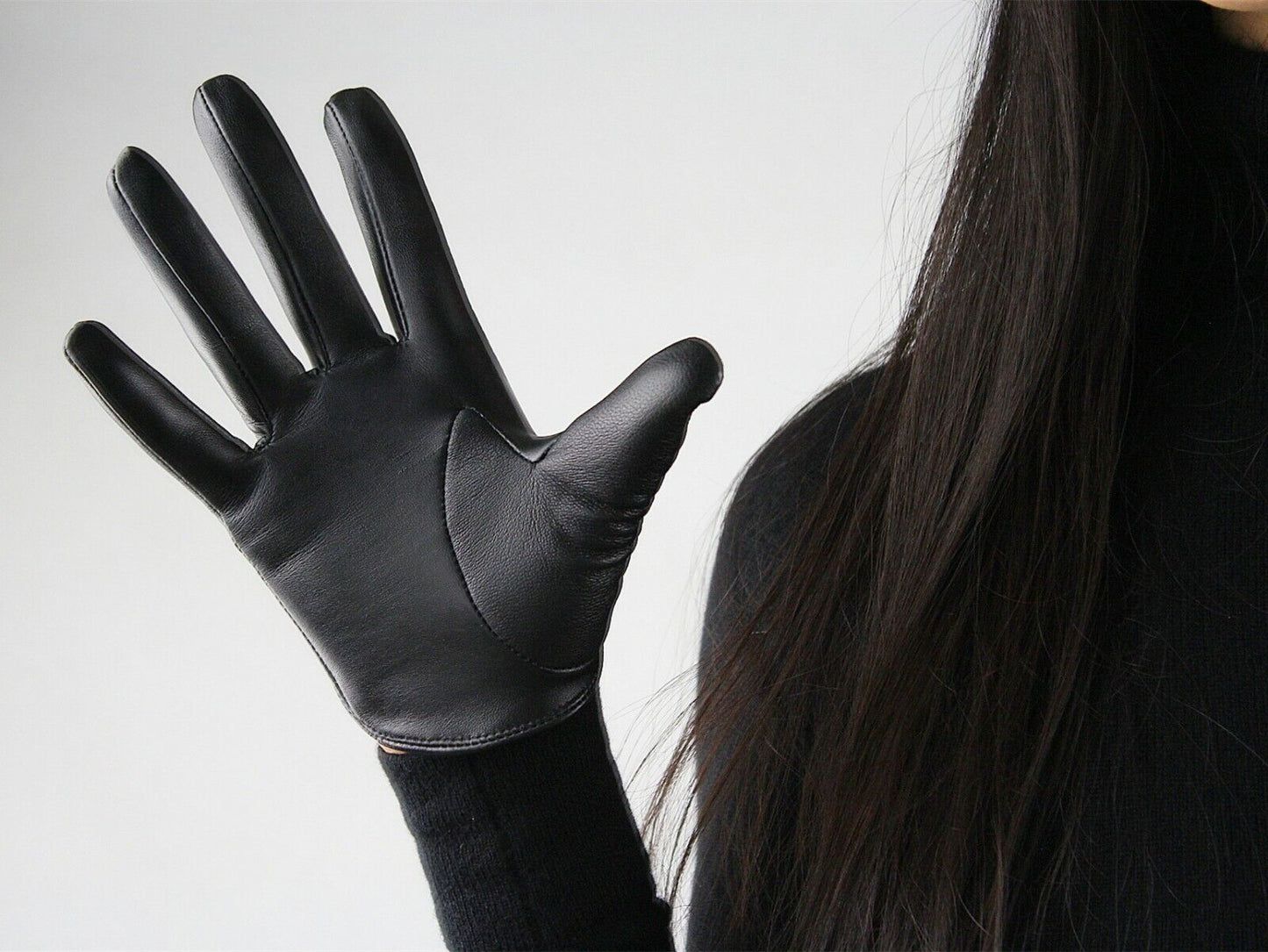 TECH GLOVES Real Leather 13cm Extra Short Lambskin Sheepskin Cut Out Crop BLACK