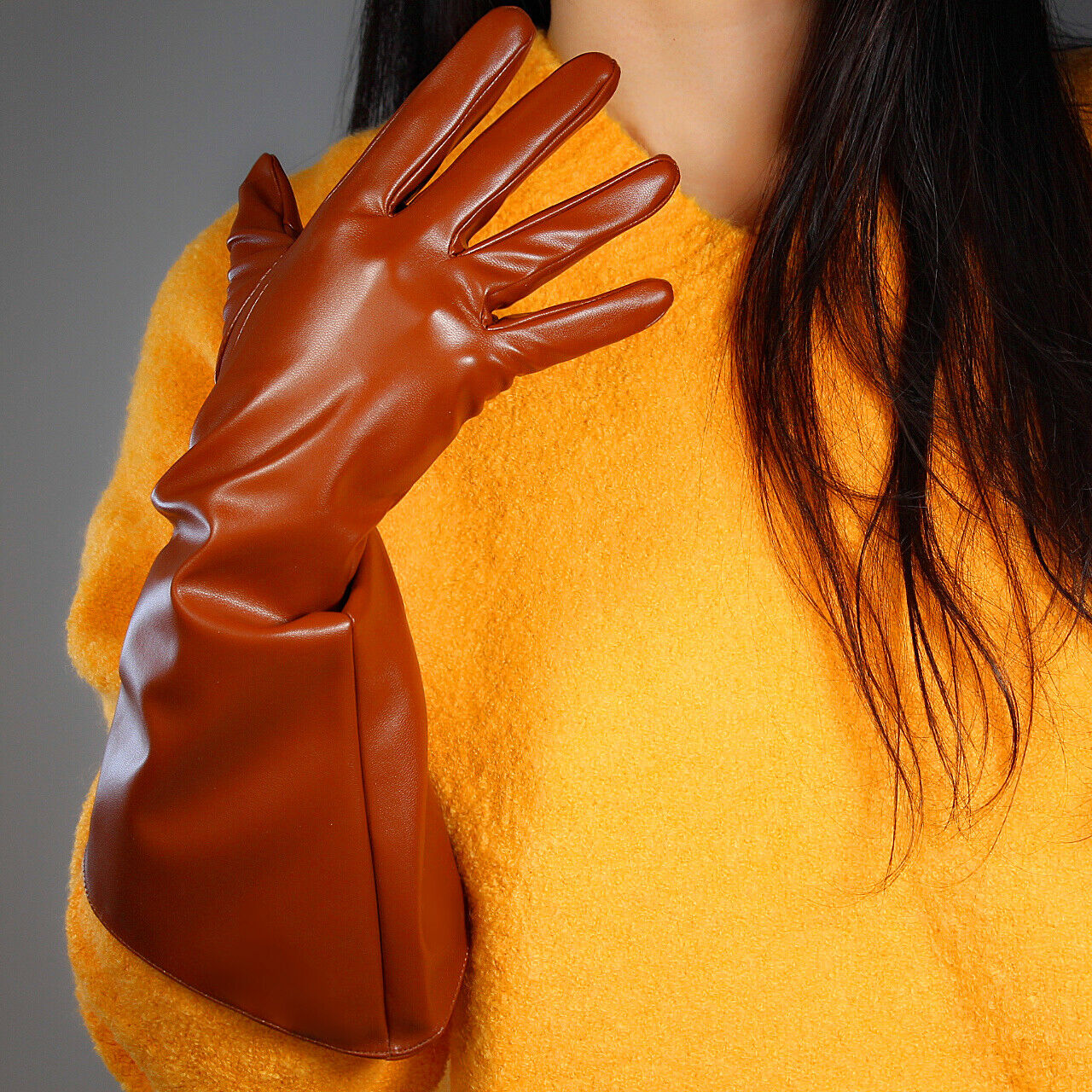 LONG GLOVES Unisex Sugar Tan Brown Faux Leather 38cm Wide Balloon Puff Sleeves L