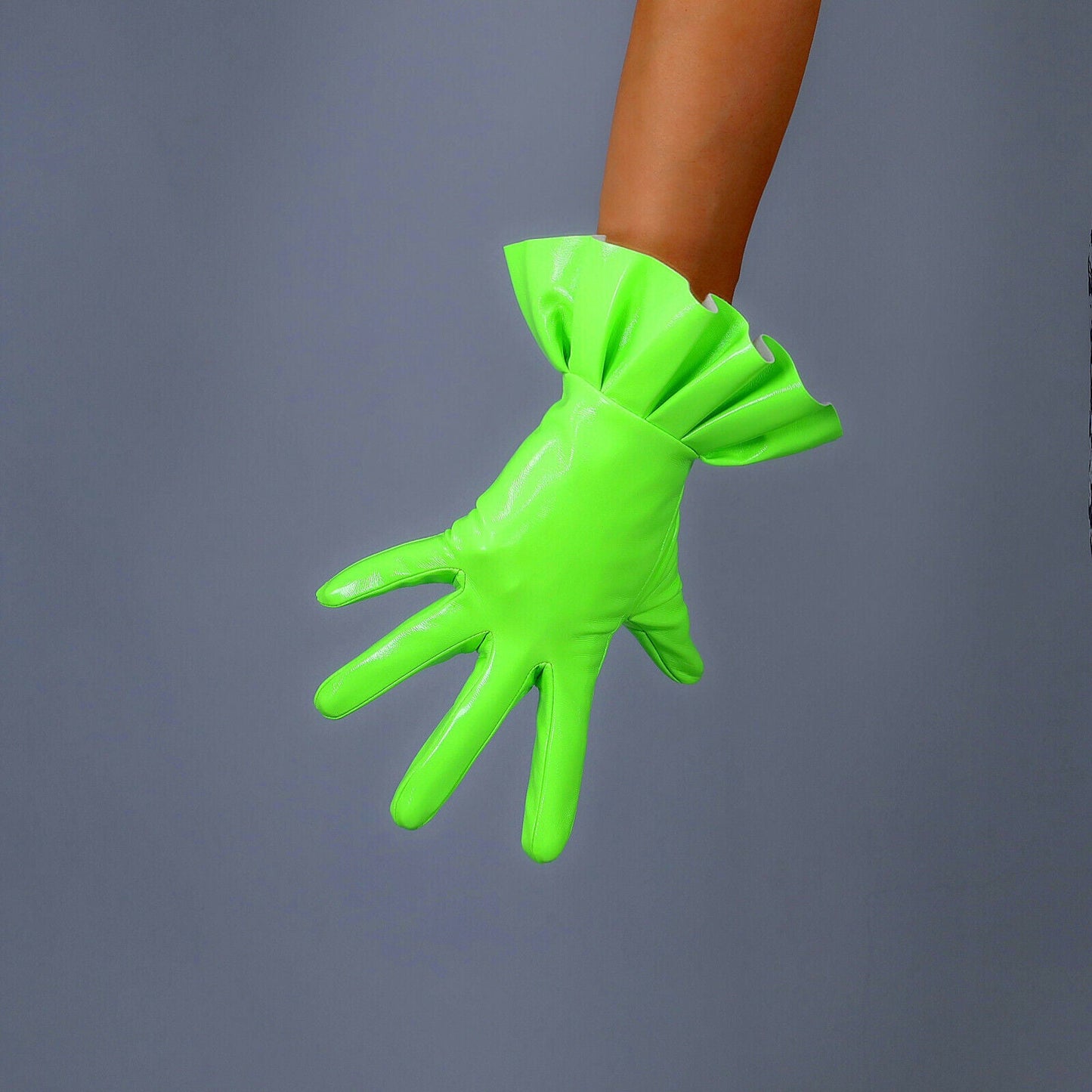 LATEX GLOVES Shine Leather Patent Short Wrist Lime Fluorescent Green Ruffled