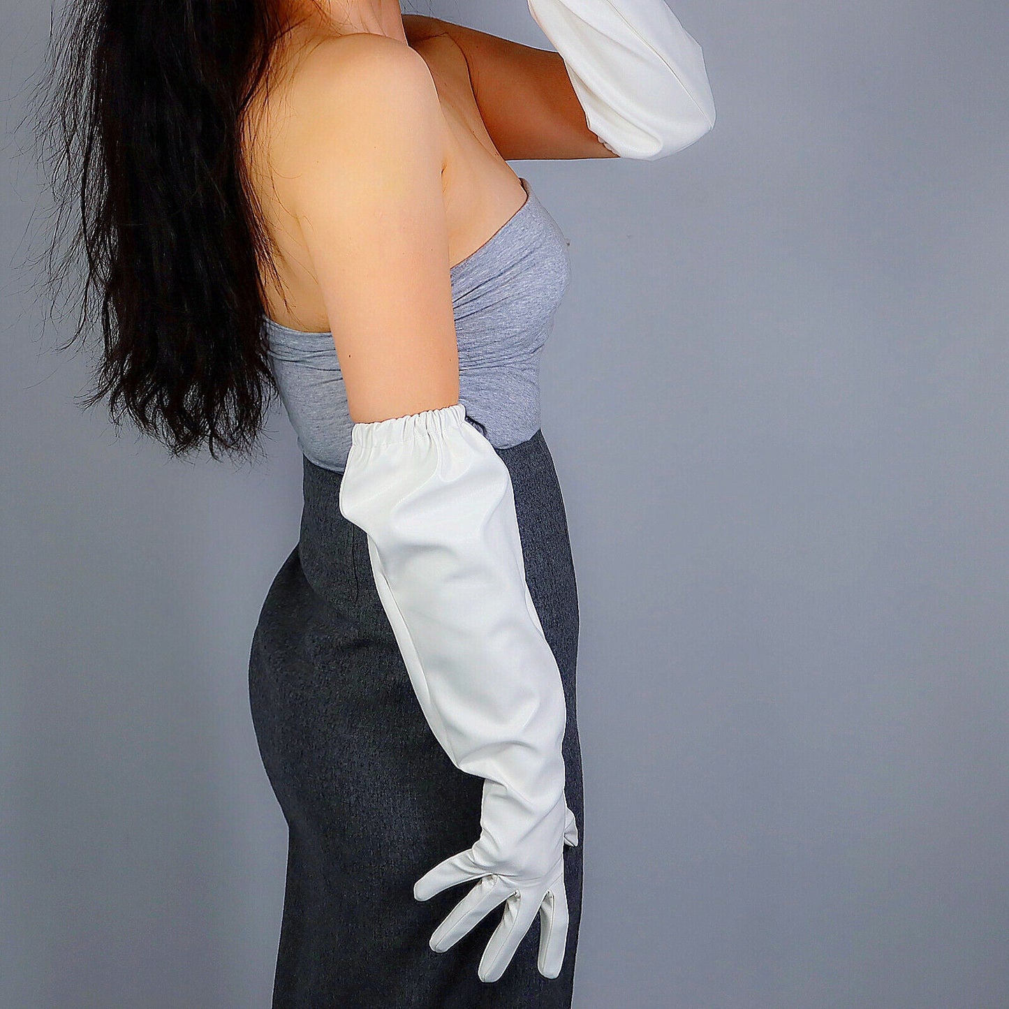 LONG GLOVES Faux Leather PU 20" 50cm White Elastic Band Cuff Large PUFF SLEEVES