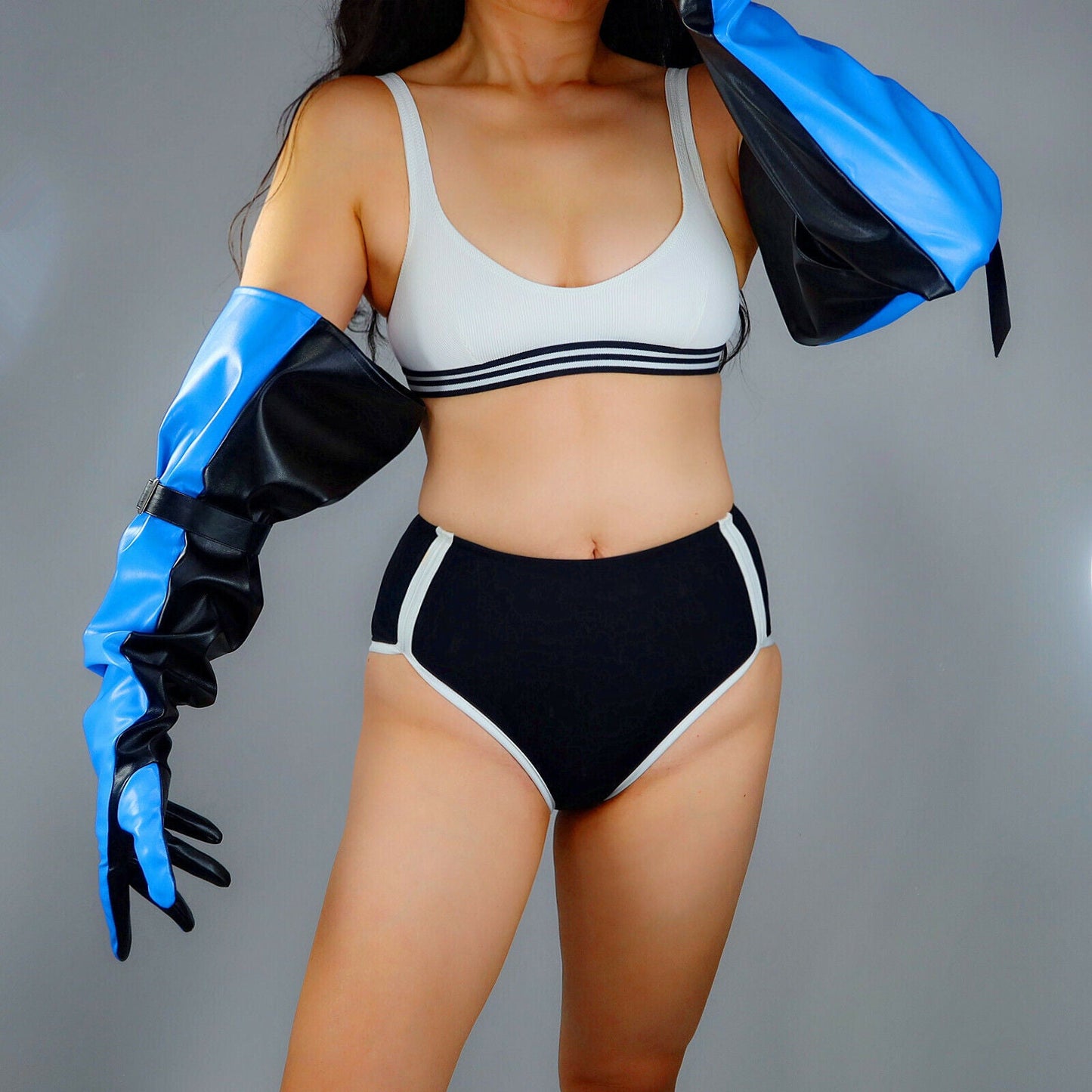 TECH LONG GLOVES Unisex Faux Leather Blue Black Two Tone 70cm 28" L PUFF SLEEVES