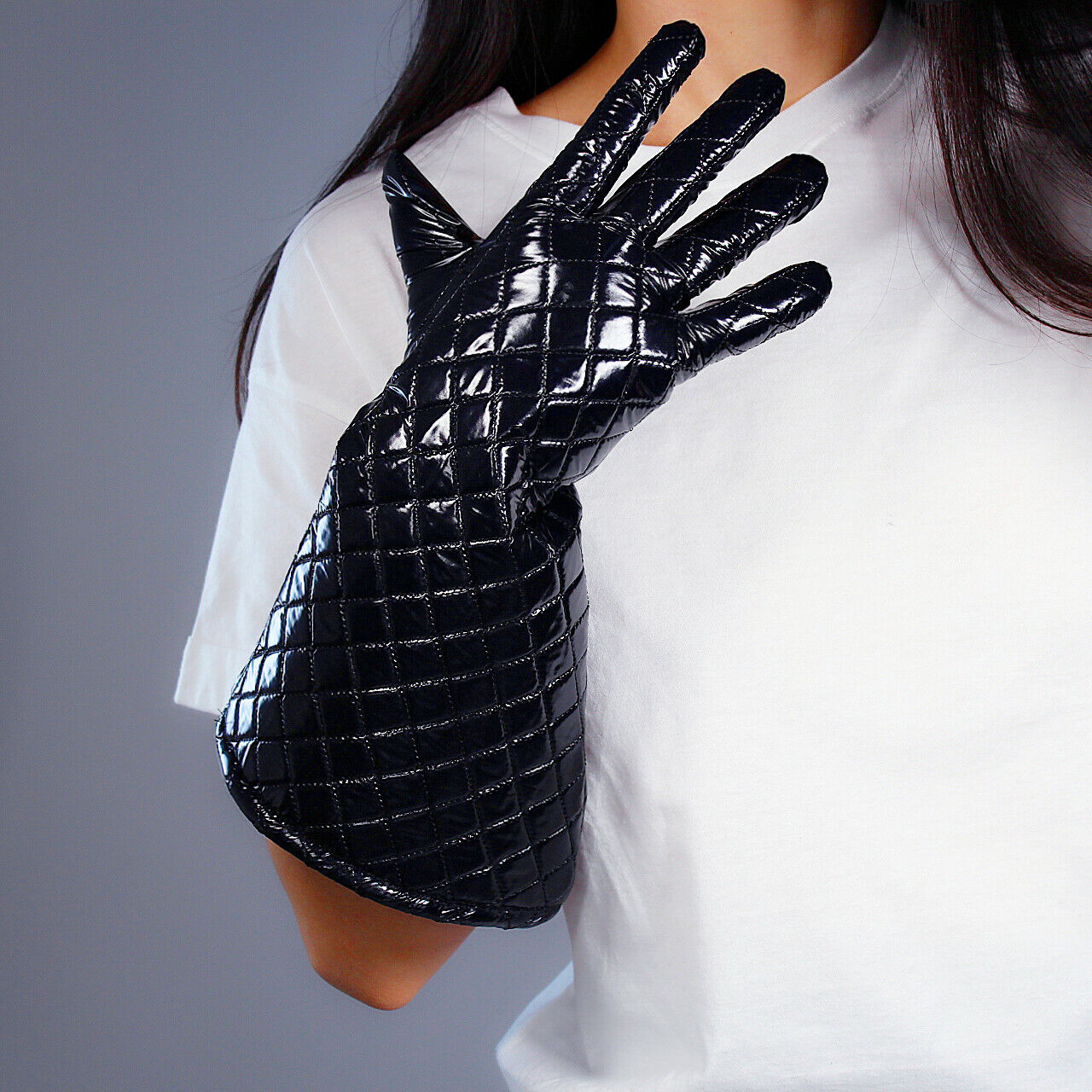 PUFFER GLOVES Unisex Black 40cm Long Balloon Sleeves Down Quilted Lined Winter