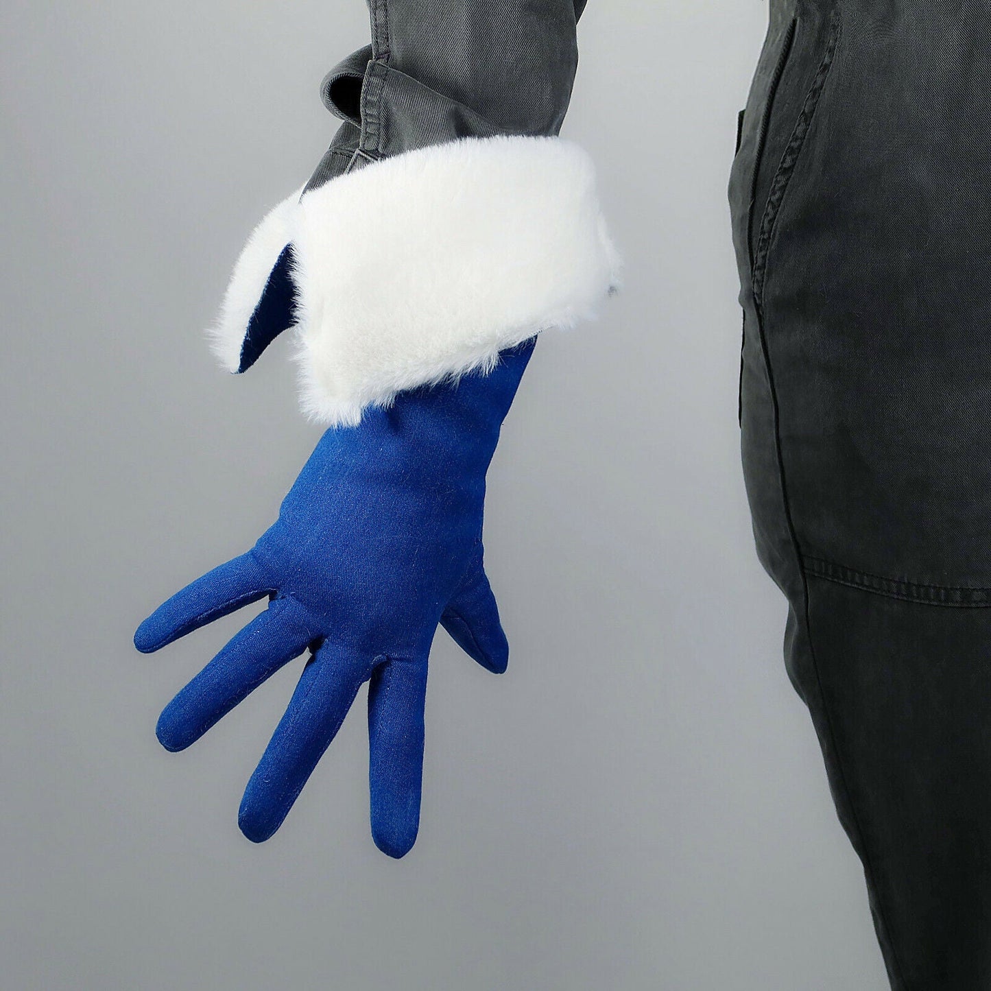 SHEARLING LONG GLOVES Denim Blue 15" 38cm Faux White Fur Big Puff Sleeves Unisex