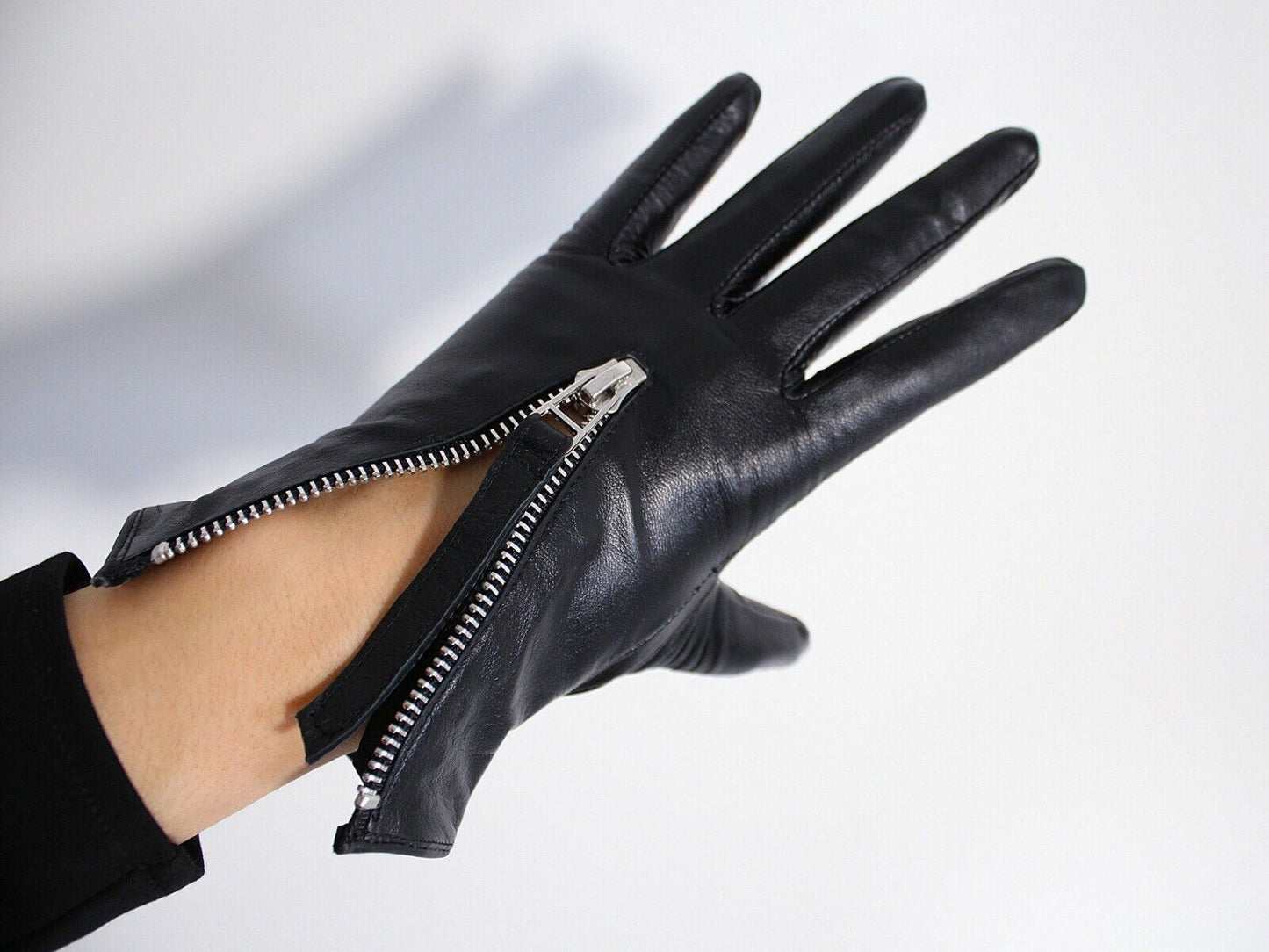 TECH GLOVES Real Leather Black Wrist Short Zipper Touchscreen Lambskin Sheepskin