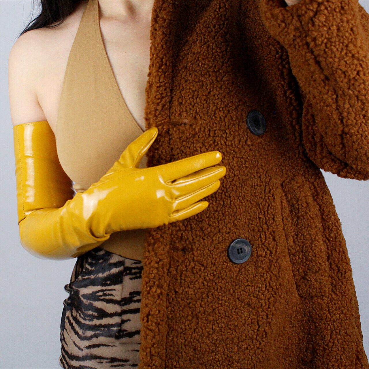 LATEX LONG GLOVES Shine Leather Faux Patent PU 28" 70cm Opera Mustard Yellow