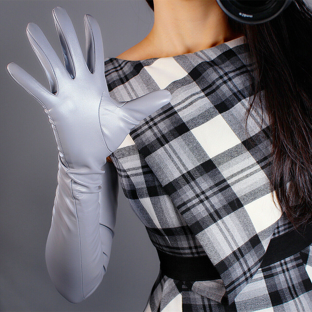 LONG GLOVES Faux Leather Lambskin Sheepskin PU 28" 70cm Light Silver Gray Grey