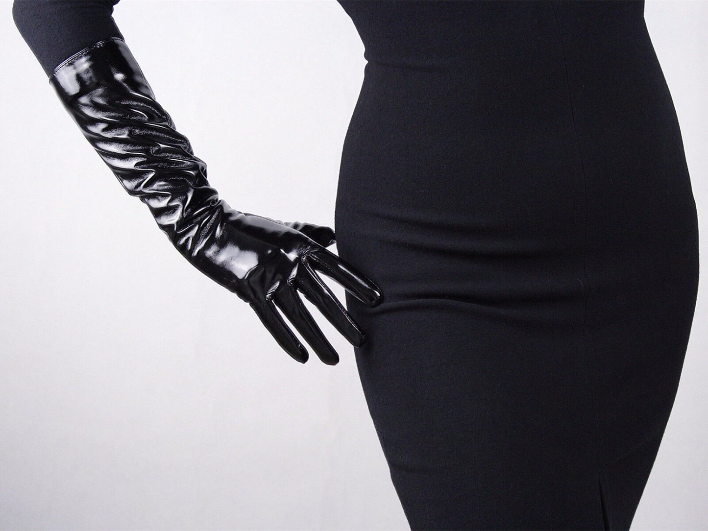 Shine Leather Faux Patent Leather 16" 40m Long Gloves Black Cosplay Gothic Latex