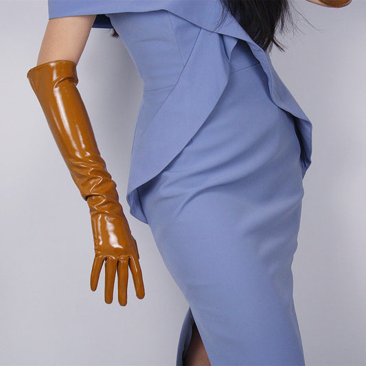 LATEX LONG GLOVES Shine Leather Faux Patent PU 20" 50cm Opera Evening Brown