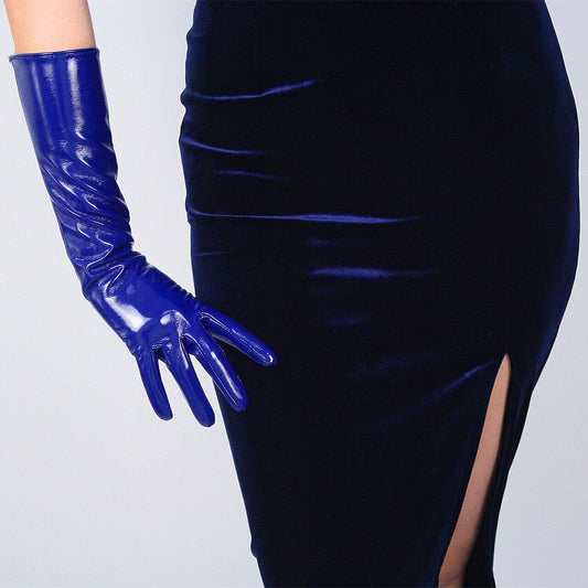 LATEX LONG GLOVES Shine Leather Faux Patent 16" 40cm Opera Evening Cobalt Blue