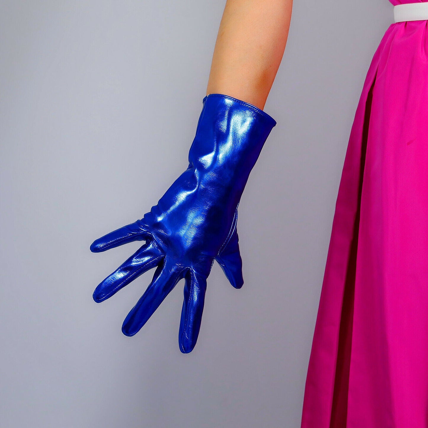 LATEX SHORT GLOVES Faux Shine Patent Leather 11" 28cm Royal Cobalt Classic Blue