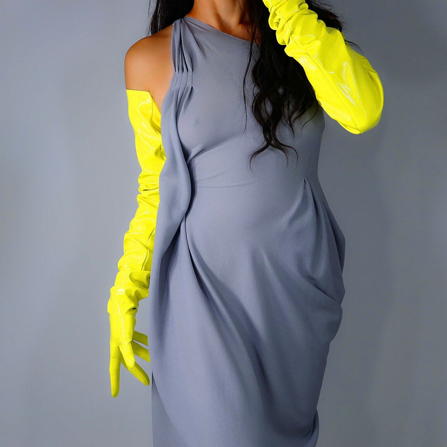 LATEX GLOVES 90cm Extra Long Shine Leather Faux Patent Lime Fluorescent Yellow