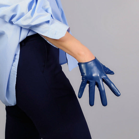 EXTRA SHORT FASHION GLOVES Faux Leather Sheepskin PU 6" 16cm Daily Blue Navy