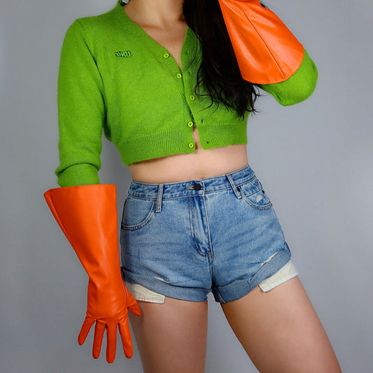 LONG FASHION GLOVES Faux Leather PU 15" 38cm Orange Wide Sleeves Unisex Large