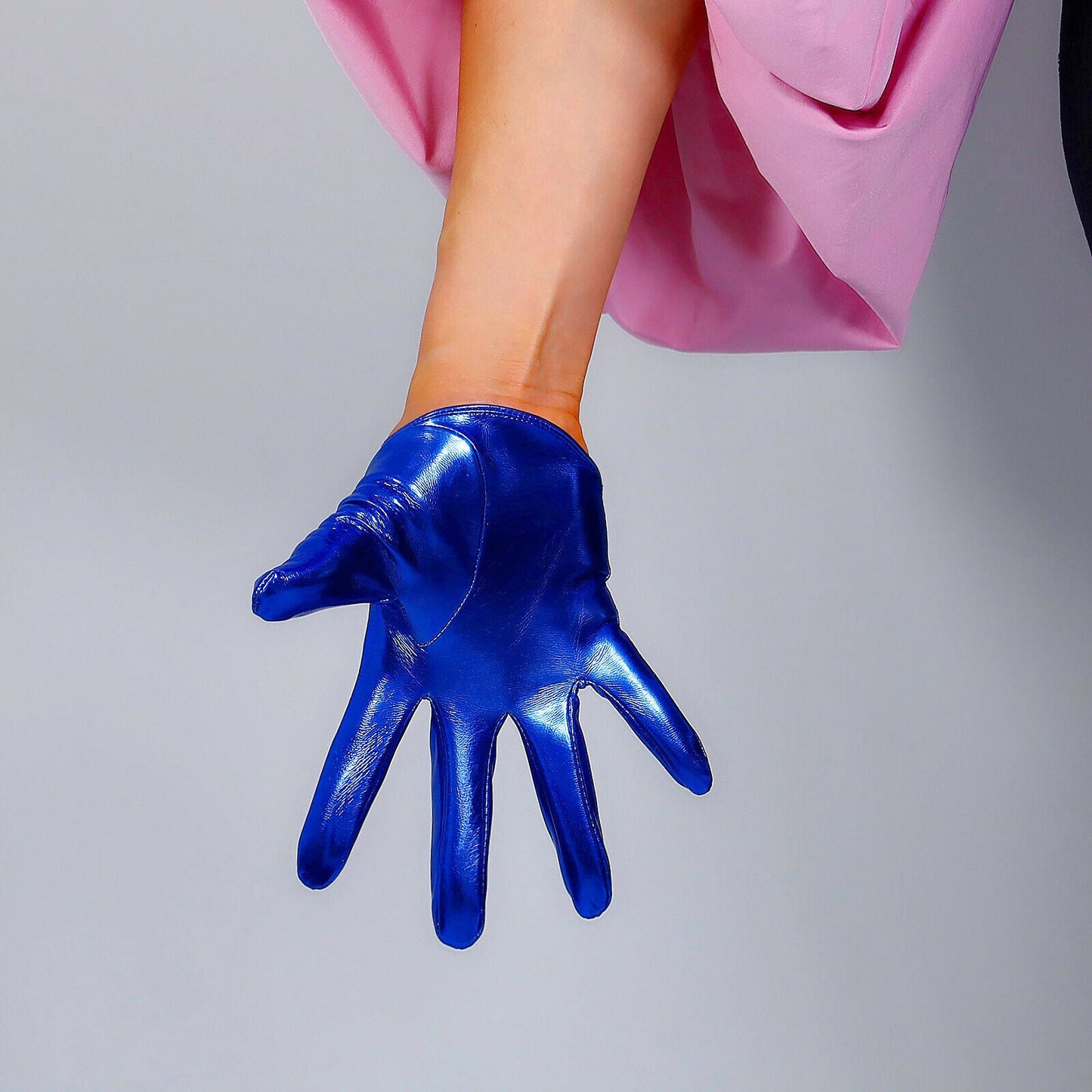 LATEX SHORT GLOVES Faux Shine Patent Leather 5" 13cm Royal Cobalt Classic Blue