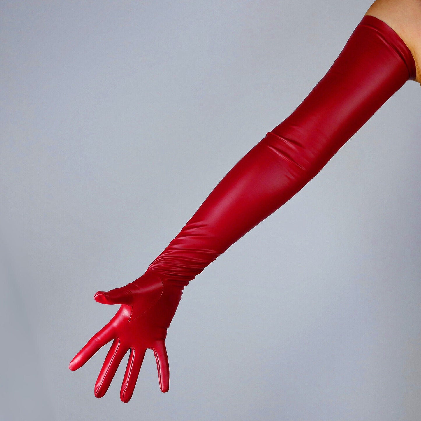 LATEX GLOVES Thin Faux Leather 28" 70cm Matt Dark Red Burgundy Wine LONG FITTED