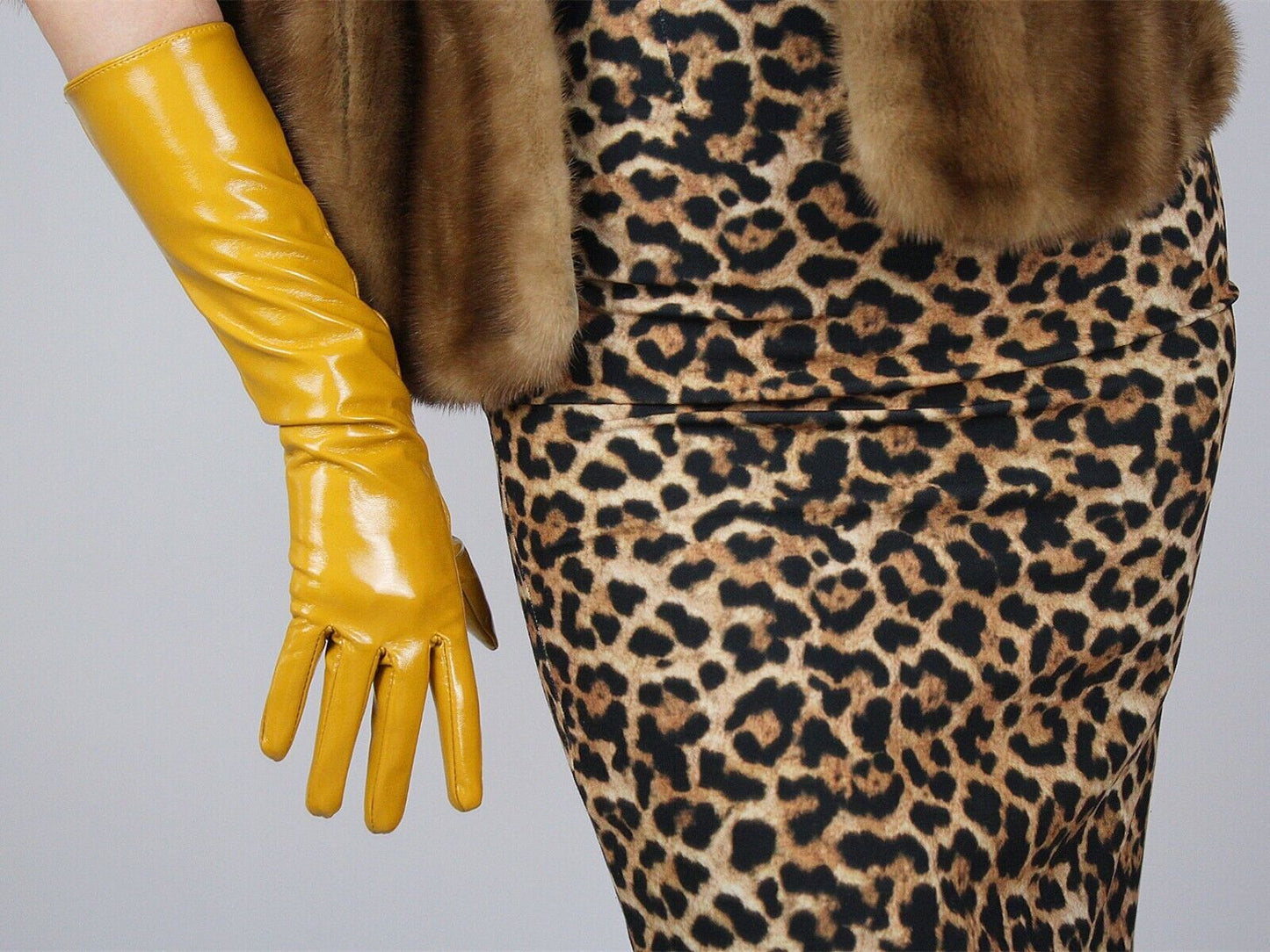 LATEX LONG GLOVES Shine Leather Faux Patent PU 16" 40cm Opera Mustard Yellow