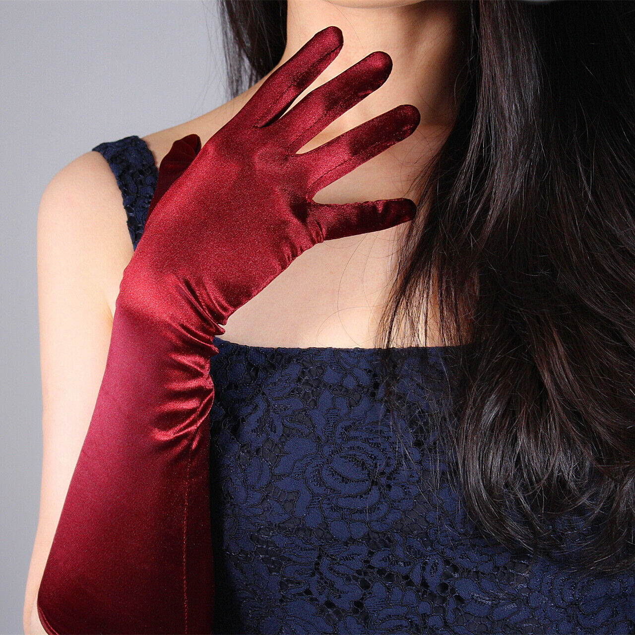 Stretch Satin Silk Gloves 40cm 15" Elbow Long Burgundy Claret Oxblood Deep Red