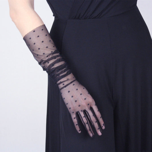 MESH LONG GLOVES Polka Dot Lace Stretch Tulle Semi Sheer Touchscreen 21” Black