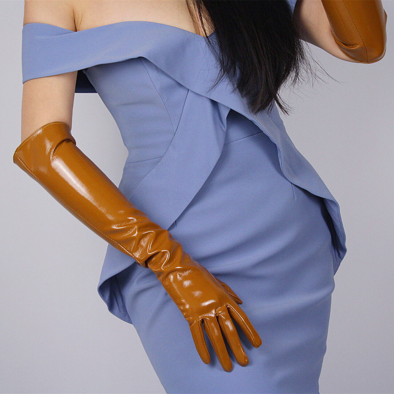 LATEX LONG GLOVES Shine Leather Faux Patent PU 20" 50cm Opera Evening Brown