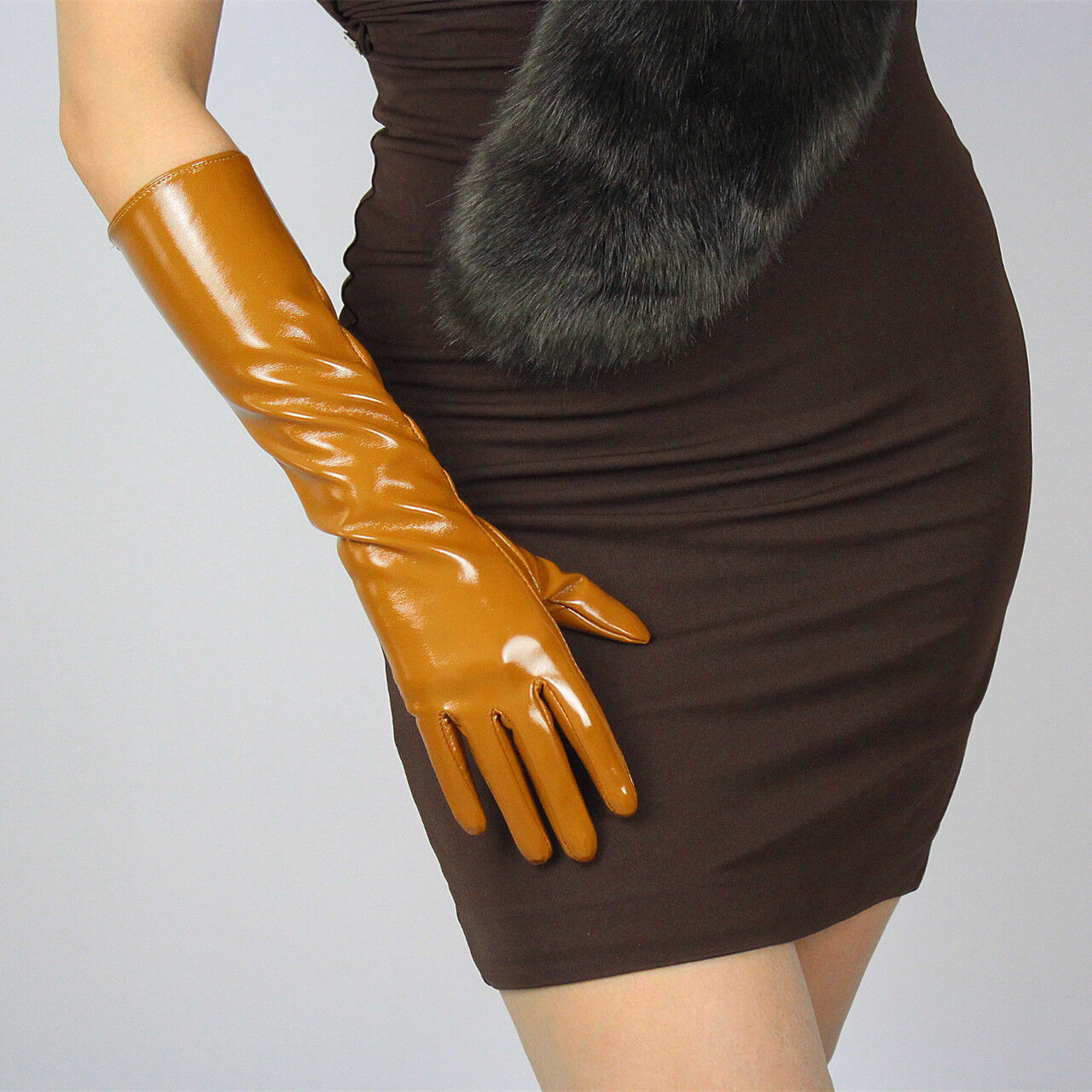 LATEX LONG GLOVES Shine Leather Faux Patent PU 16" 40cm Opera Evening Brown