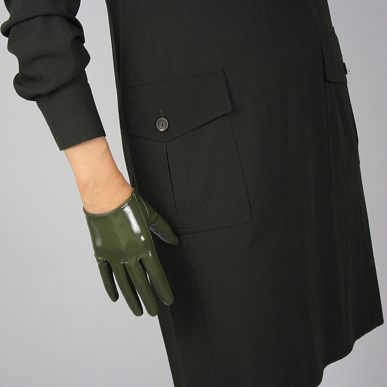 LATEX GLOVES Shine Leather Faux Patent PU 6" 16cm Extra Short Olive Army Green