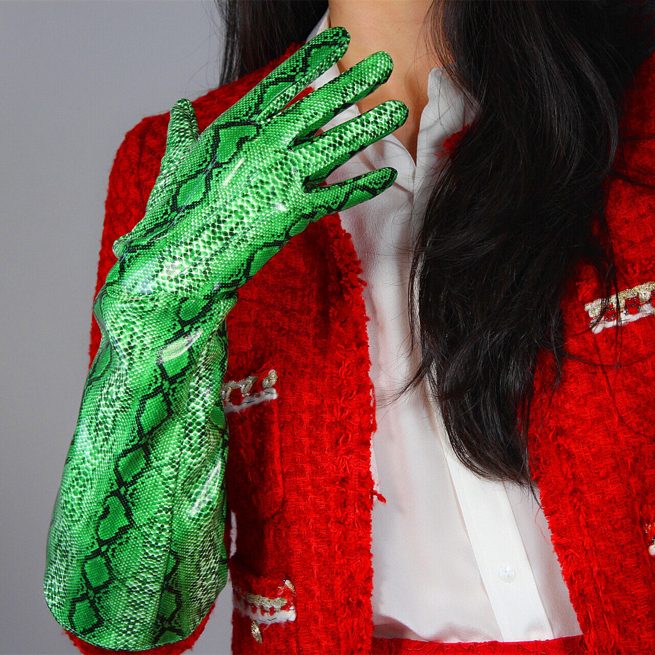 PATENT LONG GLOVES Unisex Large Elbow Green Snakeskin Thanos Infinity Gauntlet