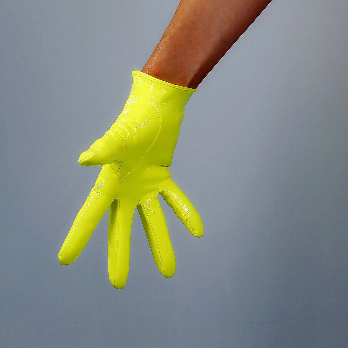 LATEX GLOVES 21cm Wrist Short Shine Leather Faux Patent Lime Fluorescent Yellow