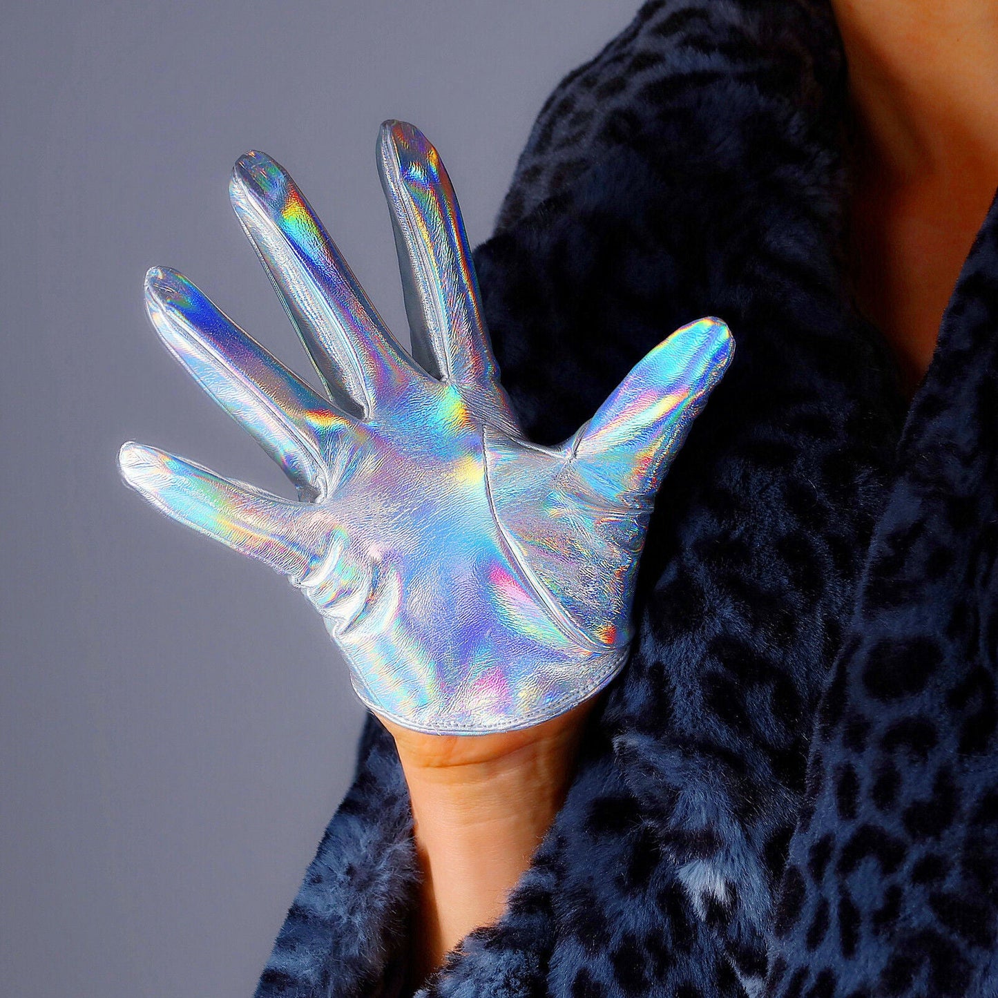 LATEX GLOVES Faux Patent Leather 5" 13cm Extra Short Hologram Silver Mermaid